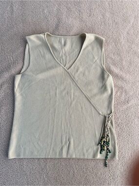 Sleeveless Wrap-Style Knit Top in Light Beige with Beaded Tie
